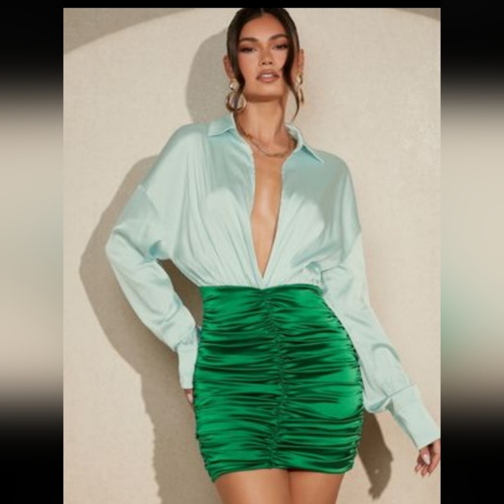 Women's green SHEIN Two Tone Ruched Bodycon Dress - Picture 7 of 15